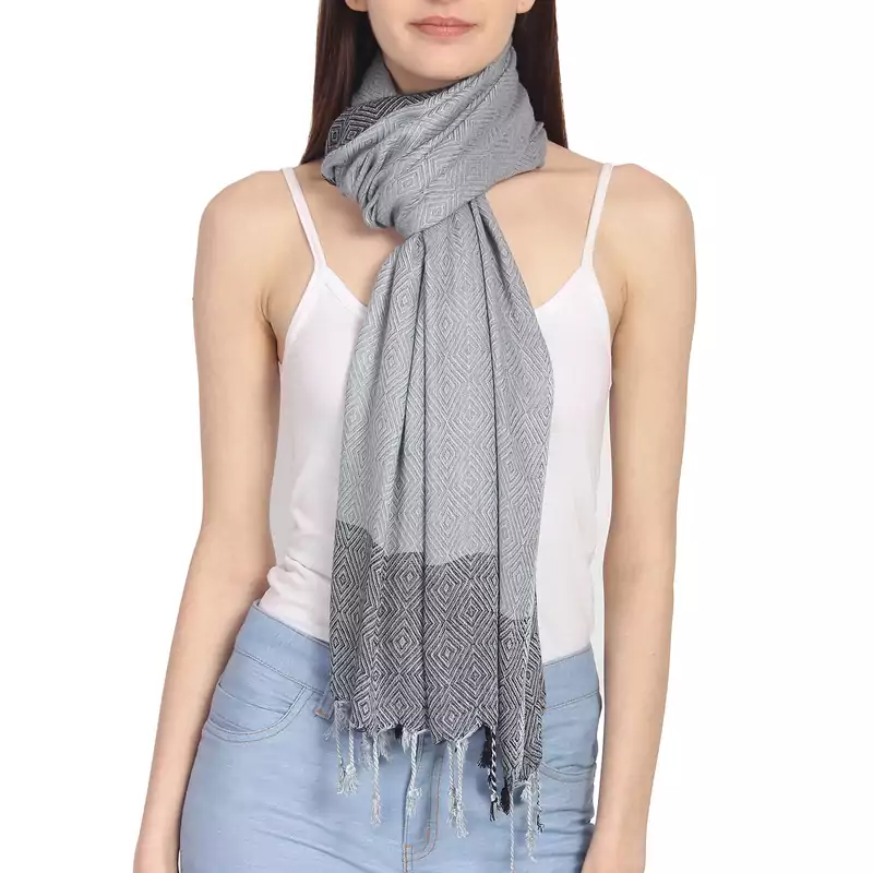 Grey & Black Woven Geometric Viscose Rayon Stole