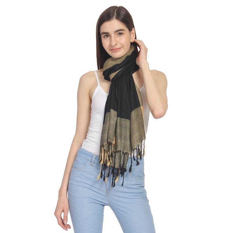 Black & Pastel Yellow Woven Geometric Viscose Rayon Stole