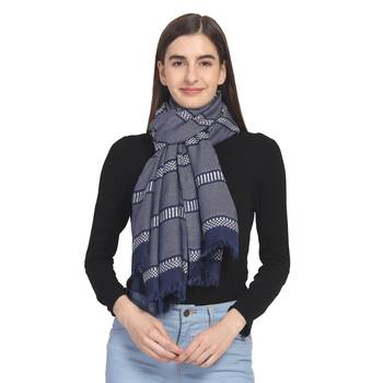 Navy & White Woven Striped Cotton Stole 1