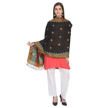 Black & Multi Woven Geometric Viscose Rayon Reversilbe Shawl 1