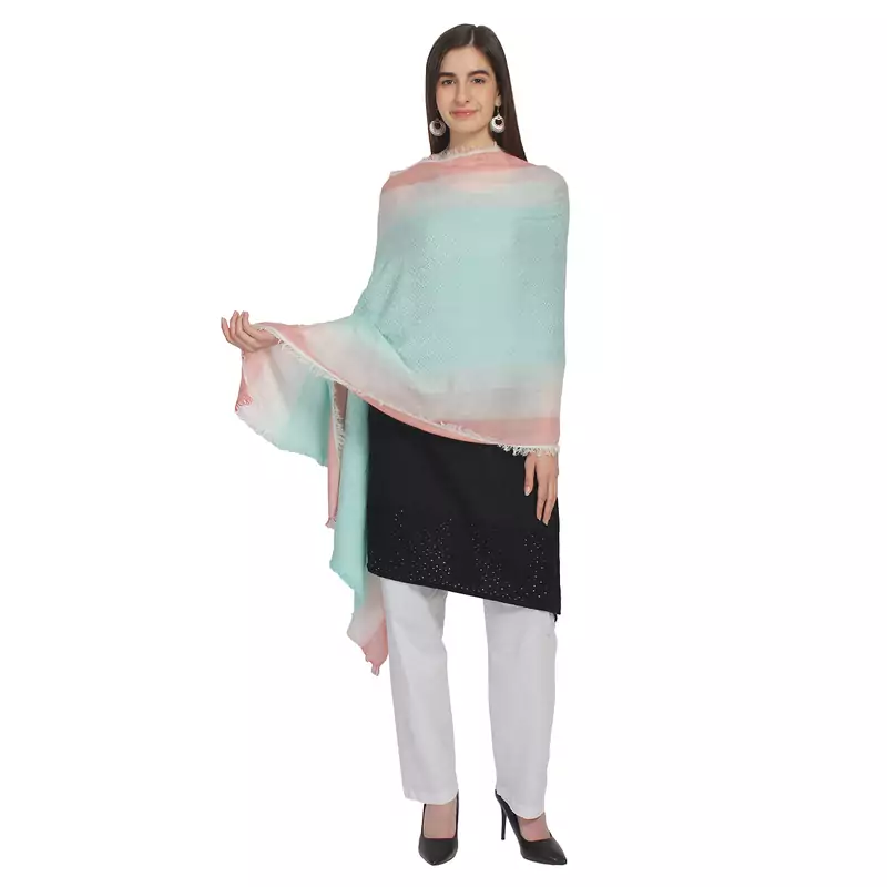 Sea Green & Peach Woven Viscose Rayon Blended Shawl