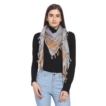 Light Grey & Mustard Woven Checkered Viscose Rayon Square Scarf 1