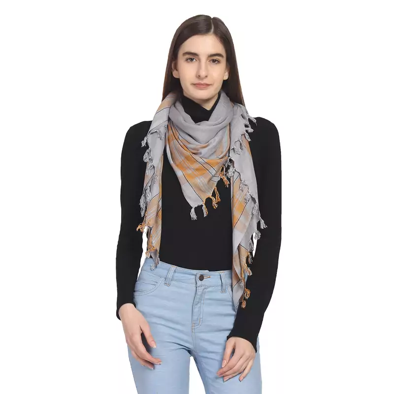 Light Grey & Mustard Woven Checkered Viscose Rayon Square Scarf