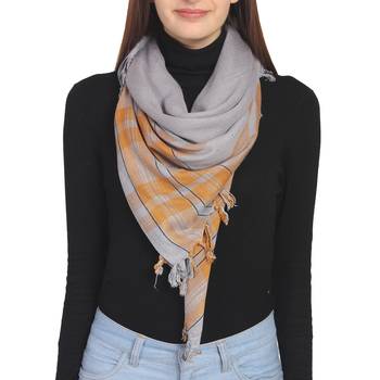 Light Grey & Mustard Woven Checkered Viscose Rayon Square Scarf 2