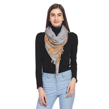 Light Grey & Mustard Woven Checkered Viscose Rayon Square Scarf 4