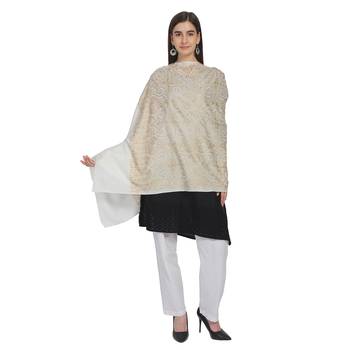 White & Gold Woolen Ethnic Embroidered Shawl 1