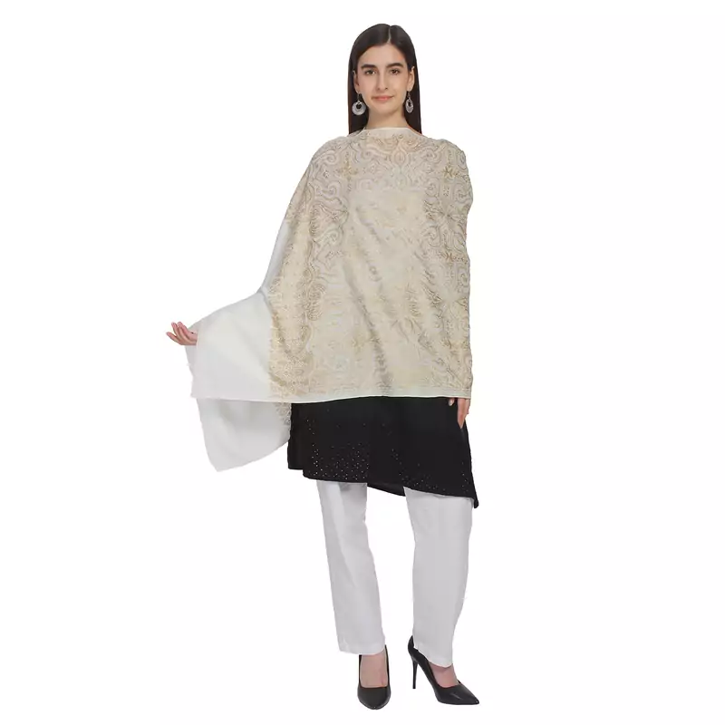 White & Gold Woolen Ethnic Embroidered Shawl