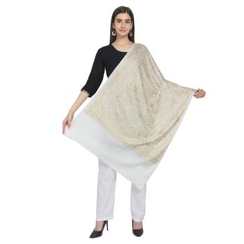 White & Gold Woolen Ethnic Embroidered Shawl 2
