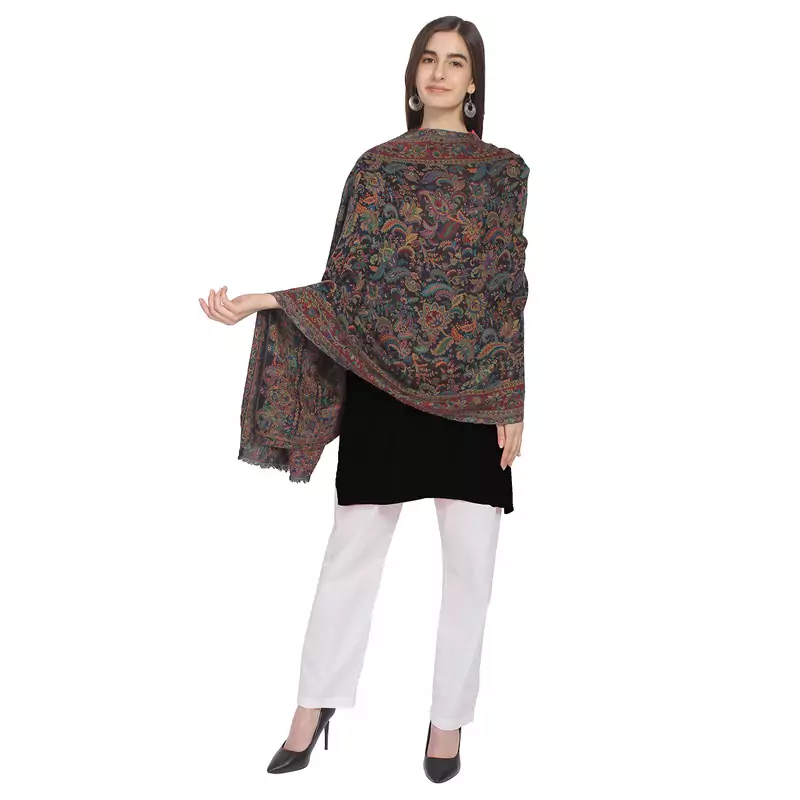 Black & Multi Woolen Woven Paisley Shawl