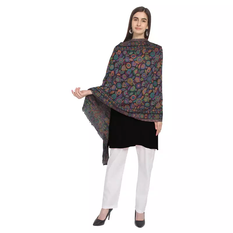 Black & Multi Woolen Woven Floral Shawl