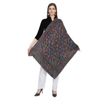 Black & Multi Woolen Woven Floral Shawl 2