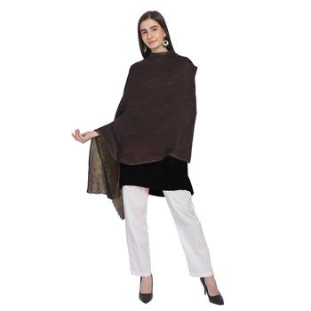 Dark Brown & Gold Woolen Woven Zari Reversible Shawl 1