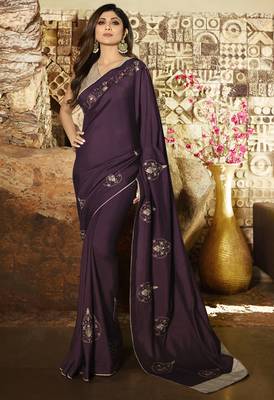 Purple Embroidered Fancy Fabric Bollywood Saree With Blouse 1