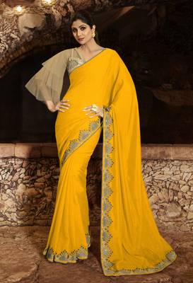 Yellow Embroidered Fancy Fabric Bollywood Saree With Blouse 1