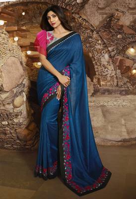 Blue Embroidered Fancy Fabric Bollywood Saree With Blouse 1
