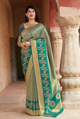 Turquoise woven banarasi silk saree with blouse 1