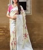 Beige woven banarasi silk saree with blouse