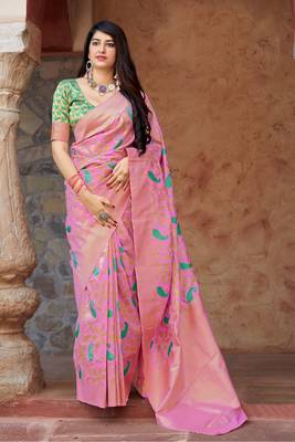 Light baby pink woven banarasi silk saree with blouse 1