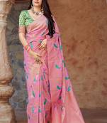 Light baby pink woven banarasi silk saree with blouse