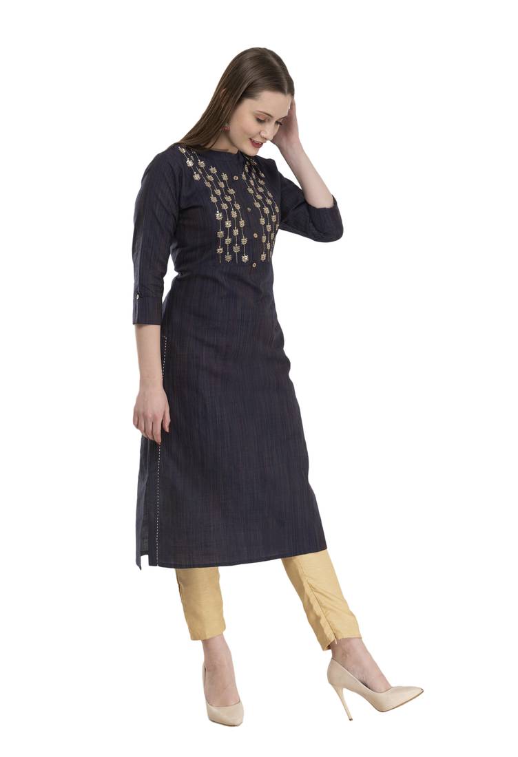 navy blue Women Embroidered cotton silk kurta LG300A