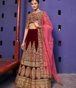 Maroon embroidered velvet semi stitched lehenga