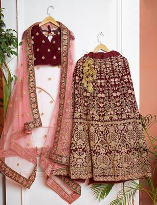 Maroon embroidered velvet semi stitched lehenga 1