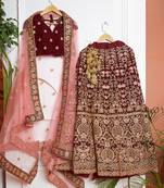 Maroon embroidered velvet semi stitched lehenga