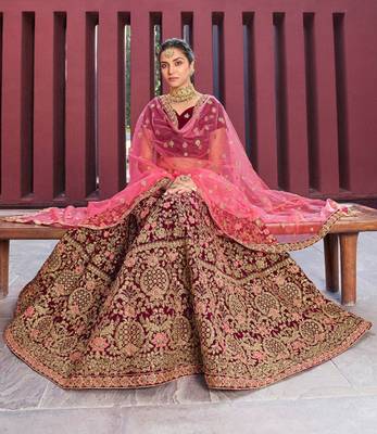 Maroon embroidered velvet semi stitched lehenga 2