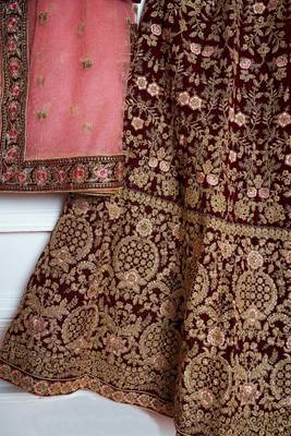 Maroon embroidered velvet semi stitched lehenga 3