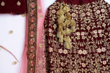 Maroon embroidered velvet semi stitched lehenga 4
