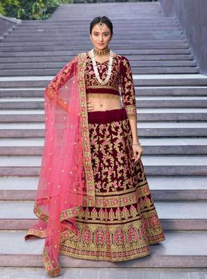 Maroon embroidered velvet semi stitched lehenga 1