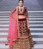 Maroon embroidered velvet semi stitched lehenga