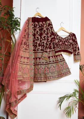 Maroon embroidered velvet semi stitched lehenga 2
