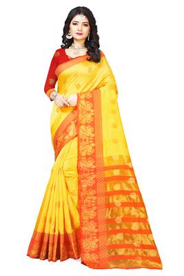 Yellow woven cotton silk saree with blouse 1