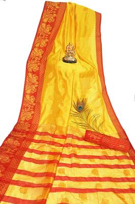 Yellow woven cotton silk saree with blouse 5