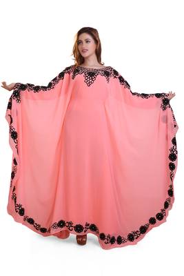 peach georgette moroccan islamic dubai kaftan farasha aari and stone work dress 1