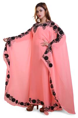 peach georgette moroccan islamic dubai kaftan farasha aari and stone work dress 4