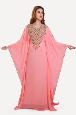 peach moroccan islamic dubai kaftan farasha zari and stone work dress 1