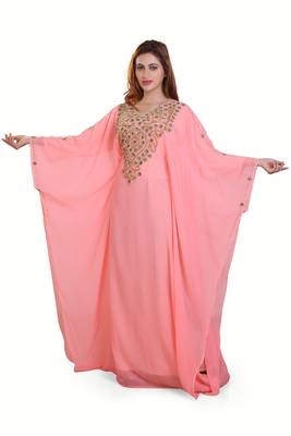peach moroccan islamic dubai kaftan farasha zari and stone work dress 4