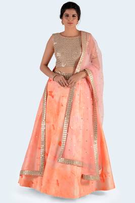 Peach Printed Art Silk Unstitched Lehenga Choli 1