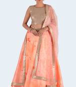 Peach Printed Art Silk Unstitched Lehenga Choli