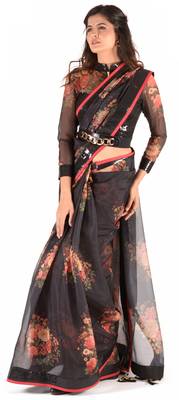 Women'S Black Organza Floral Print Saree With Blouse 1
