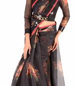 Women'S Black Organza Floral Print Saree With Blouse