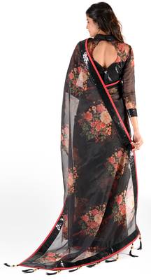 Women'S Black Organza Floral Print Saree With Blouse 2