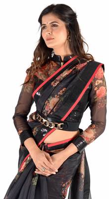 Women'S Black Organza Floral Print Saree With Blouse 3