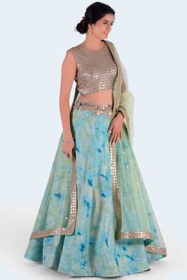Green Printed Art Silk Unstitched Lehenga Choli 1