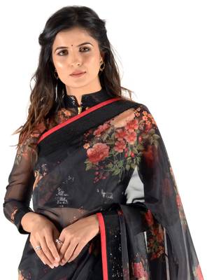 Women'S Black Organza Floral Print Saree With Blouse 4