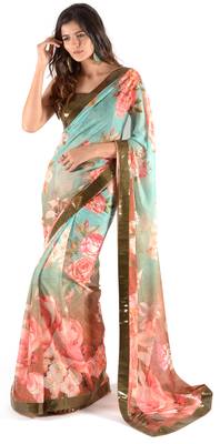 Women'S Multicolor Chiffon Floral Print Saree With Blouse 1