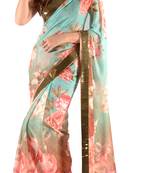 Women'S Multicolor Chiffon Floral Print Saree With Blouse