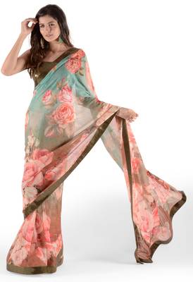 Women'S Multicolor Chiffon Floral Print Saree With Blouse 4